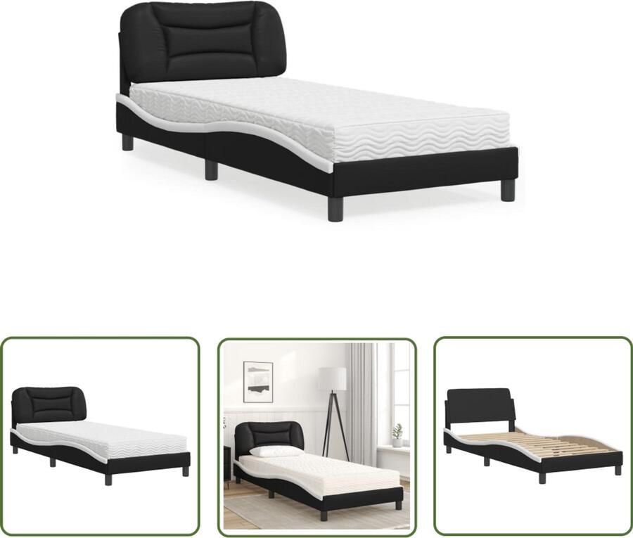 VidaXL Bed met matras Hvar kunstleer zwart en wit 80x200 cm Slaapcomfort Bed Frame Boxspring Tweepersoonsbed King Size Bed