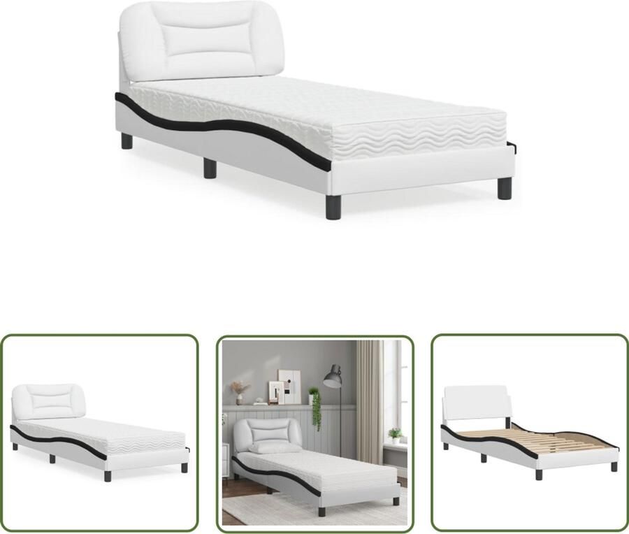 VidaXL Bed Frame Slaapcomfort Bed met matras Hvar kunstleer zwart en wit 90x200 cm Boxspring Tweepersoonsbed King Size Bed