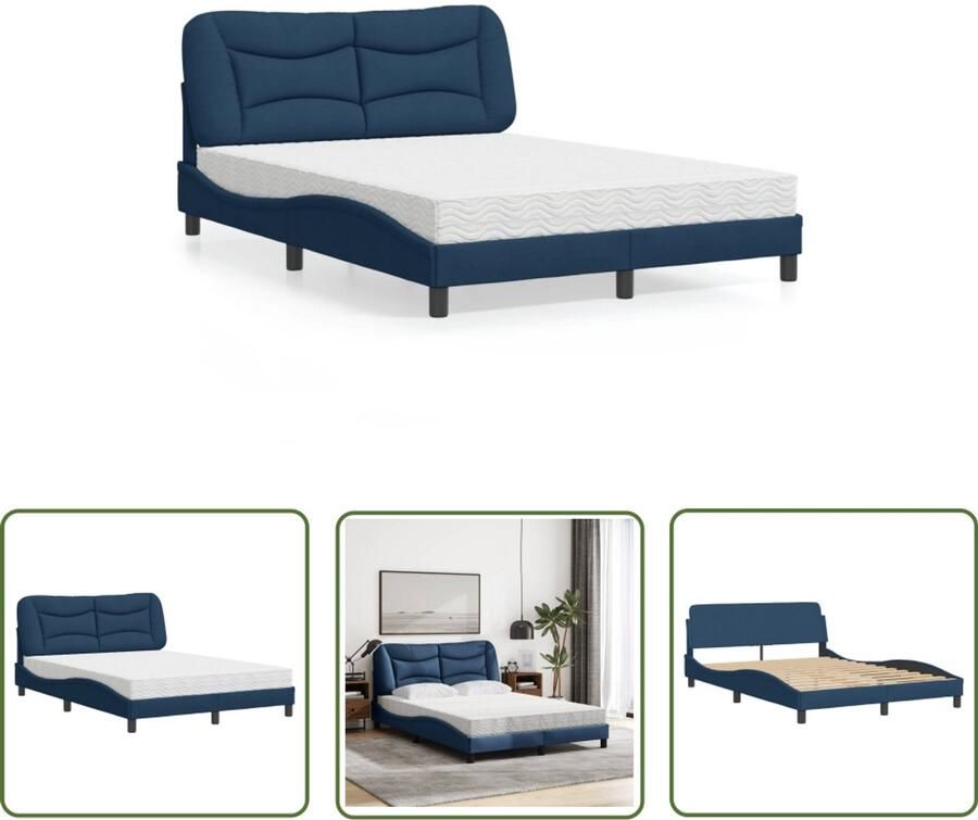 VidaXL Bed met matras Hvar stof blauw 140x200 cm Slaapcomfort Bed Frame Boxspring Tweepersoonsbed Blauwdruk