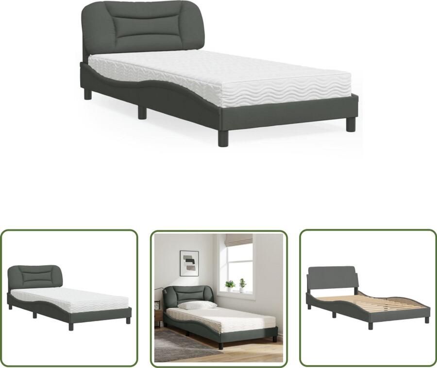 VidaXL Bed Frame Slaapcomfort Bed met matras Hvar stof donkergrijs 100x200 cm Boxspring Tweepersoon Bed Donkere Kleuren