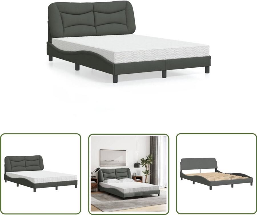 VidaXL Bed Frame Slaapcomfort Bed met matras Hvar stof donkergrijs 140x190 cm Boxspring Tweepersoonsbed Donkere Kleuren