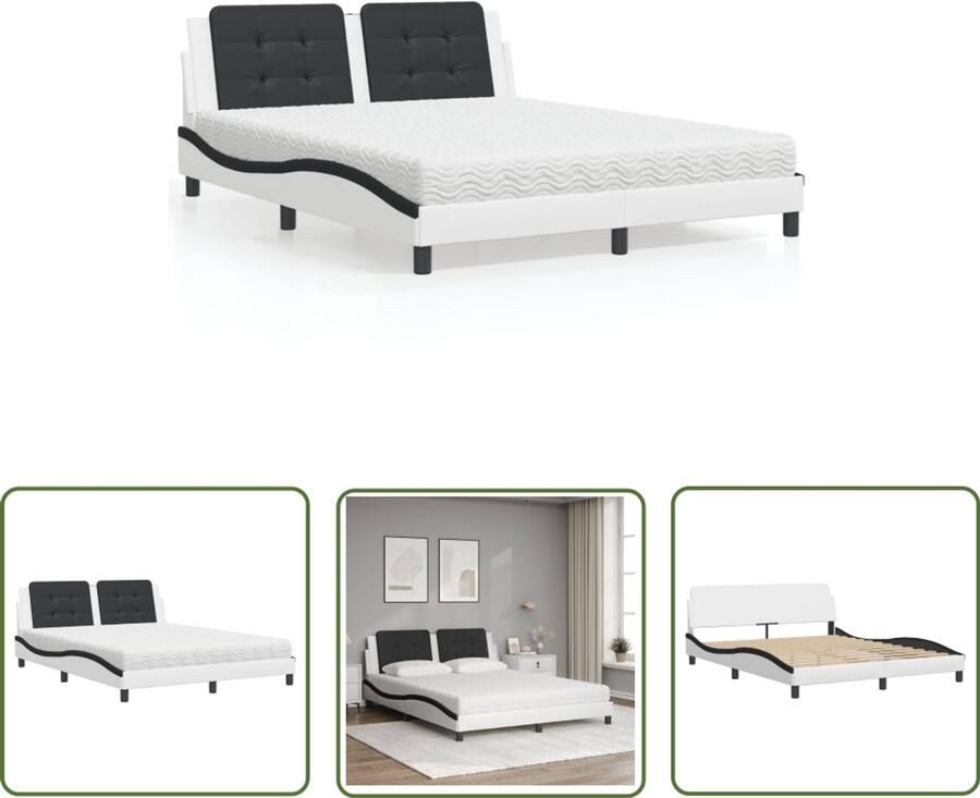 VidaXL Bed met matras Zadar kunstleer wit en zwart 160x200 cm Slaapcomfort Bed Frame Boxspring Tweepersoonsbed Kunstleder Bed