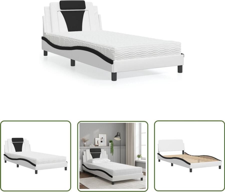 VidaXL Bed Viana met matras kunstleer wit en zwart 100x200 cm Slaapcomfort Bed Frame Boxspring Tweepersoonsbed King Size Bed