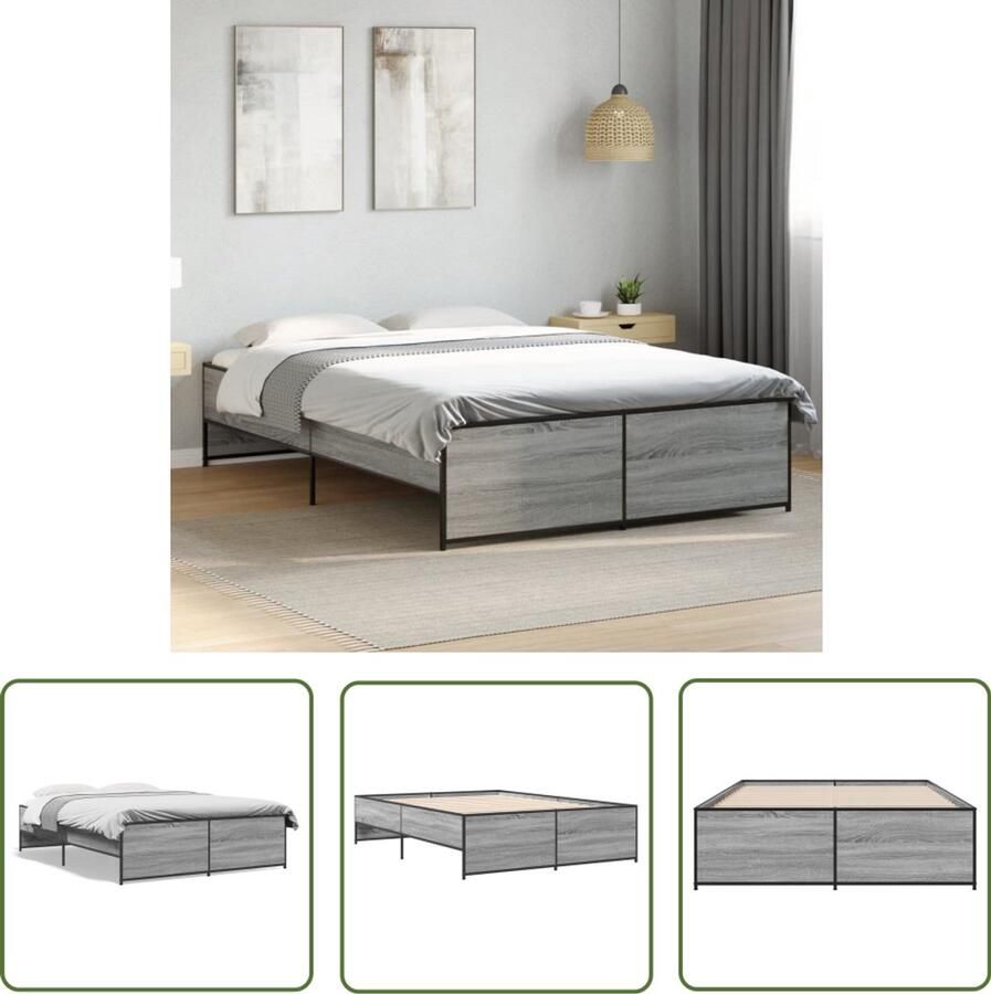 VidaXL Bed Frame Slaapcomfort Bedframe bewerkt hout metaal grijs sonoma eiken 140x190 cm Houten Bed Grijze Bedbank Sonoma Eiken