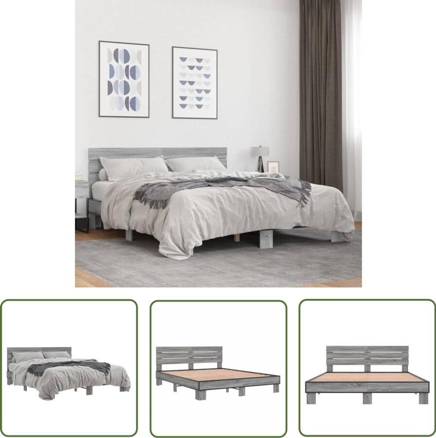 VidaXL Bedframe bewerkt hout metaal grijs sonoma eiken 150x200 cm Slaapcomfort Bed Frame Houten Bed Grijze Bed Sonoma Eiken