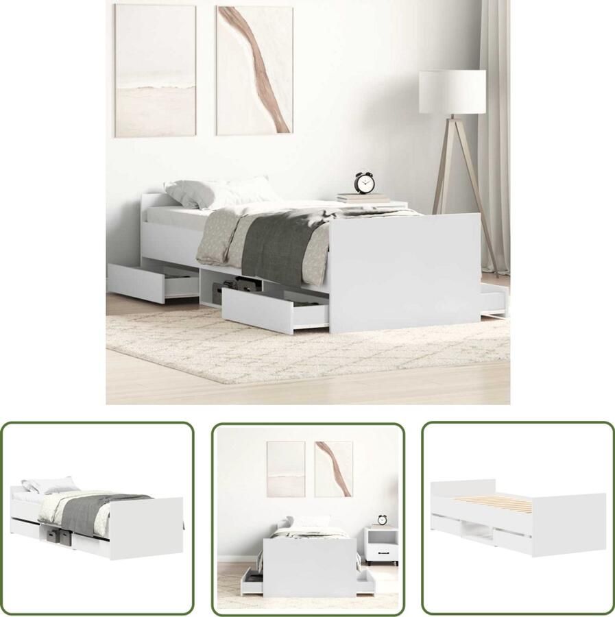 The Living Store Bedframe Logeerbed met 4 lades en schappen Duurzaam hout Functioneel hoofd- en voeteneinde Stevige lattenbodem Wit 193x78x50cm Slaapcomfort Bed Frame Houten Bed Tweepersoonsbed Boxspring Bed