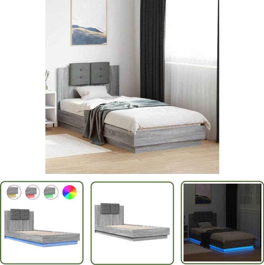 VidaXL Bed Frame Slaapcomfort Bedframe met hoofdbord en LED grijs sonoma eiken 100x200 cm Houten Bed Grijs Bed Led Bed