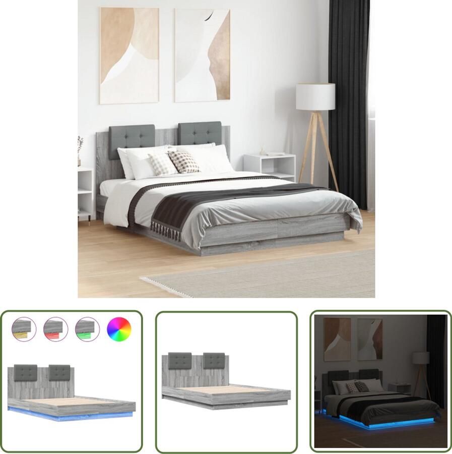VidaXL Bedframe met hoofdbord en LED grijs sonoma eikenkleur 120x190cm Slaapcomfort Bed Frame Houten Bed Grijs Bed Led Lampjes Bed