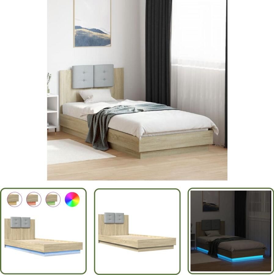 VidaXL Bedframe met hoofdbord en LED sonoma eikenkleurig 90x200 cm Slaapcomfort Bed Frame Houten Bed Led Lamp Bedroom Decor