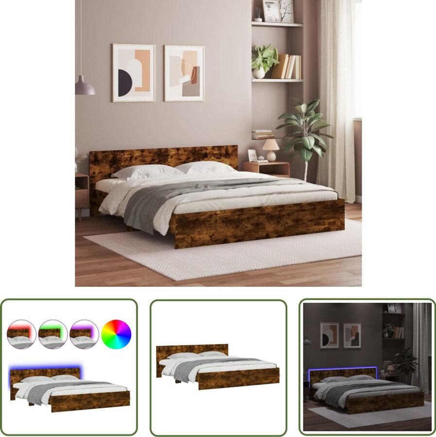 VidaXL Bedframe met hoofdeinde en LED gerookt eikenkleurig 200x200 cm Slaapcomfort Bed Frame Houten Bed Led Bed Modern Bed