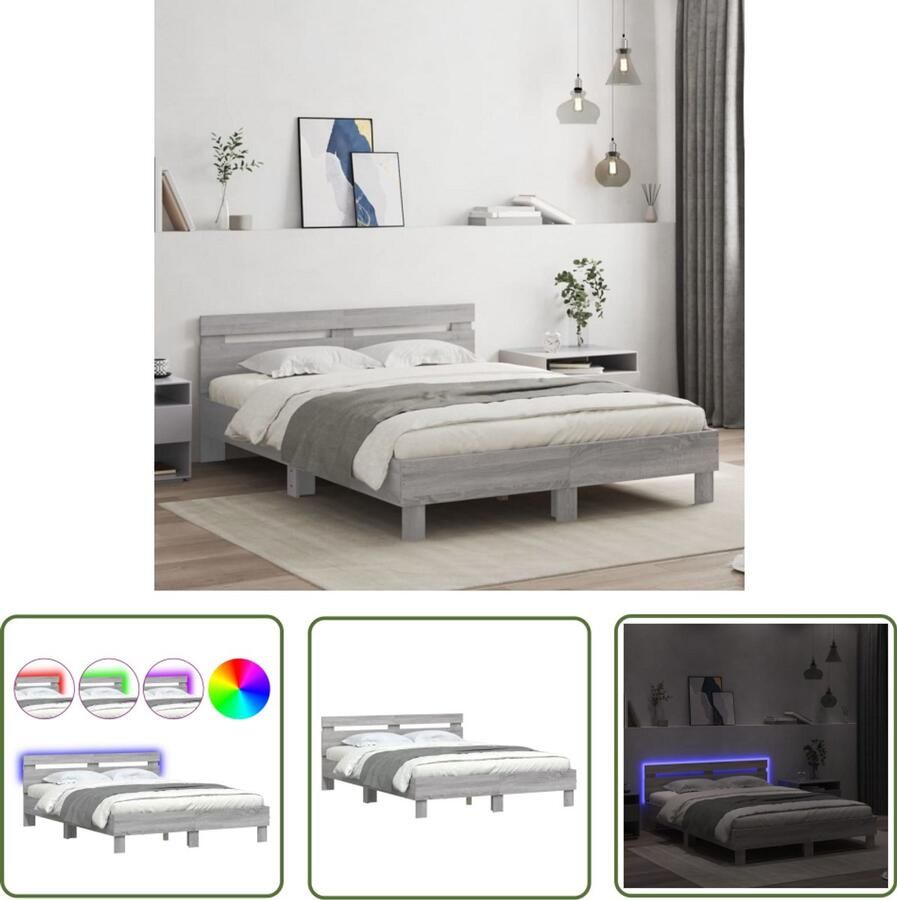 VidaXL Bed Frame Slaapcomfort Bedframe met hoofdeinde en LED grijs sonoma eiken 150x200 cm Houten Bed Led Bed Grijs Bed