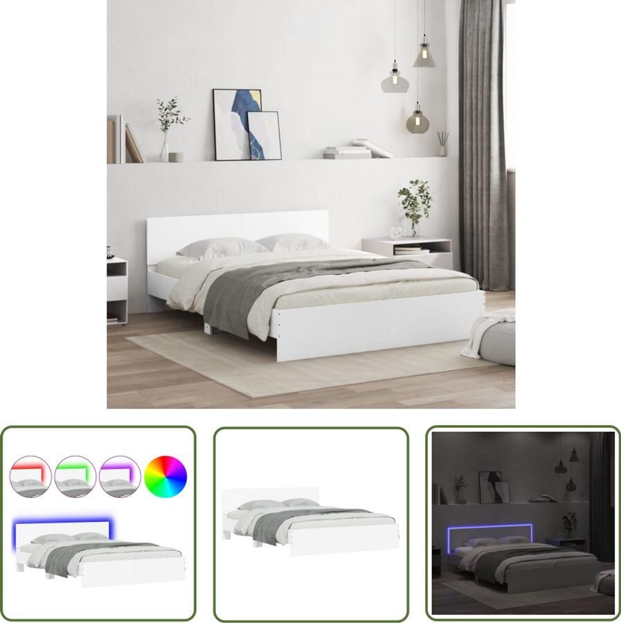 VidaXL Bed Frame Slaapcomfort Bedframe met hoofdeinde en LED-verlichting wit 160x200 cm Houten Bed Led Lampen Hoofdeinde Bed