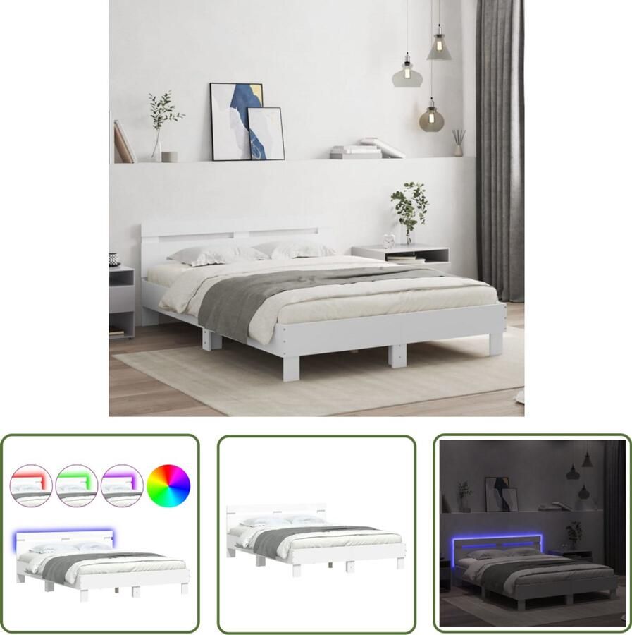 VidaXL Bedframe met hoofdeinde en LED wit 140x200 cm Slaapcomfort Bed Frame Led Verlichting Houten Bed Tweepersoonsbed