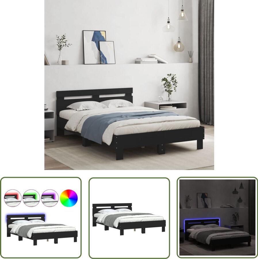 VidaXL Bed Frame Slaapcomfort Bedframe met hoofdeinde en LED zwart 120x190 cm Houten Bed Led Lamp Hoofdeinde