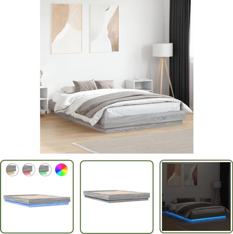VidaXL Bed Frame Slaapcomfort Bedframe met LED-verlichting grijs sonoma eikenkleur 160x200 cm Houten Bed LED Bed Tweepersoonsbed