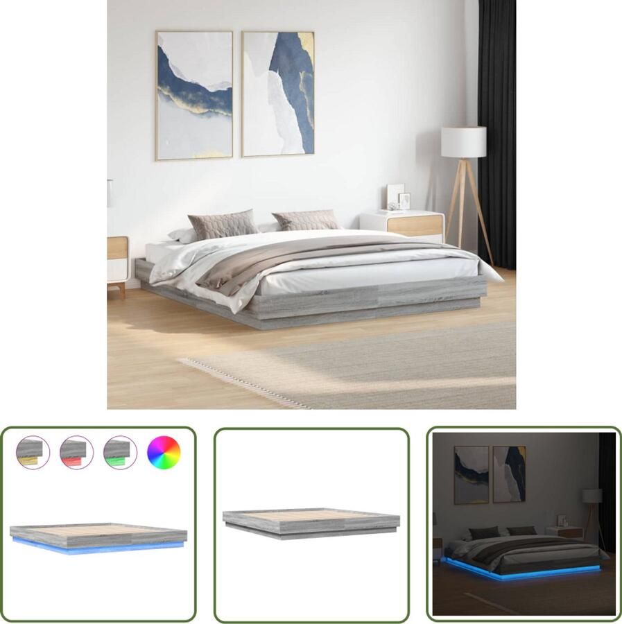 VidaXL Bedframe met LED-verlichting grijs sonoma eikenkleur 200x200 cm Slaapcomfort Bed Frame Led Verlichting Houten Bed Modern Bed