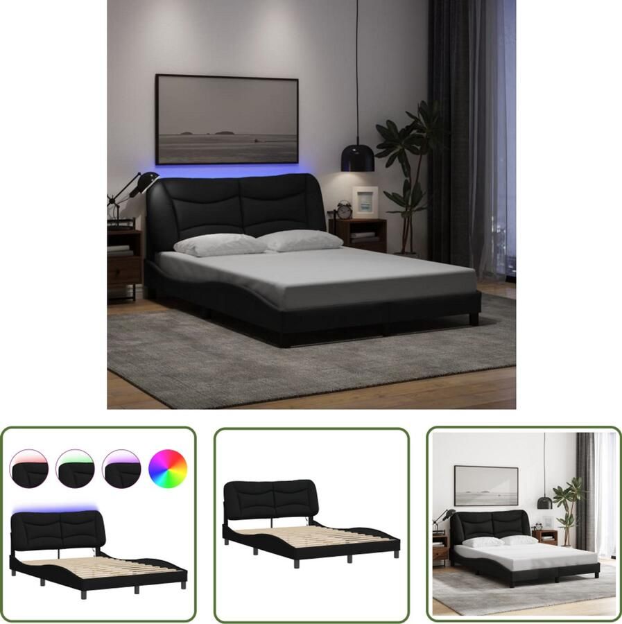 VidaXL Bedframe met LED zonder matras Hvar 140x200 cm stof zwart Slaapcomfort Bed Frame Led Lamp Hoofdbord Zwarte Bedbank