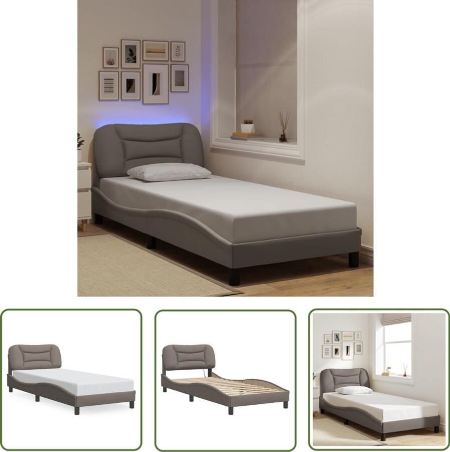 VidaXL Bed Frame Slaapcomfort Bedframe met LED zonder matras Hvar 90x190 cm stof taupe Led Lamp Hoofdkussens Tweepersoonsbed