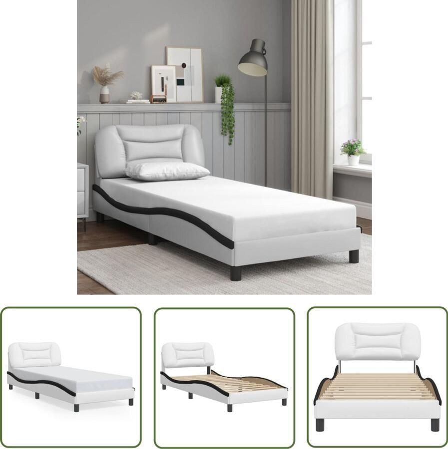 VidaXL Bed Frame Slaapcomfort Bedframe zonder matras Hvar kunstleer wit en zwart 90x200 cm Hoofdbord Kunstleder Bed Modern Bed