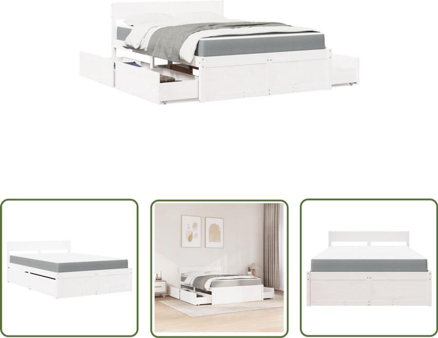 VidaXL Bed met lades en matras massief grenenhout wit 120x190 cm Slaapkamers Bed Frame Houten Bed Grenenhouten Bed Tweepersoonsbed
