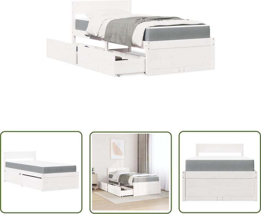 The Living Store Grenenhouten Bed met Pocketvering Matras 195.5 x 95.5 cm Wit Slaapkamers Bed Frame Houten Bed Grenenhout Bed Pocketveringmatras