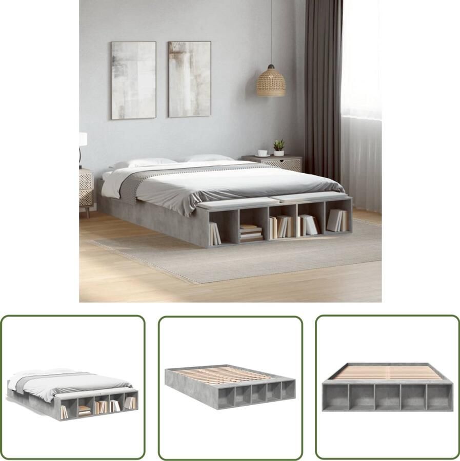 VidaXL Bedframe bewerkt hout betongrijs 135x190 cm Slaapkamers Bed Frame Houten Bed Beton Grijs Tweepersoonsbed