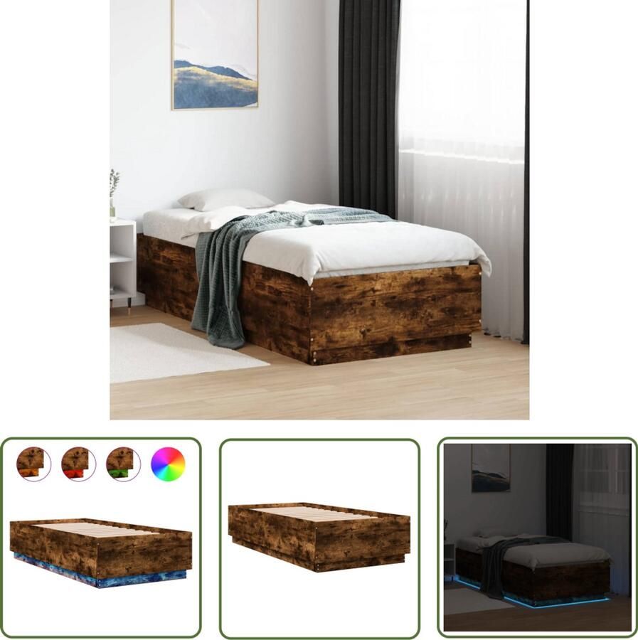 VidaXL Bedframe LED-verlichting bewerkt hout gerookt eiken 75x190 cm Slaapkamers Bed Frame Houten Bed Led Lampen Modern Bed