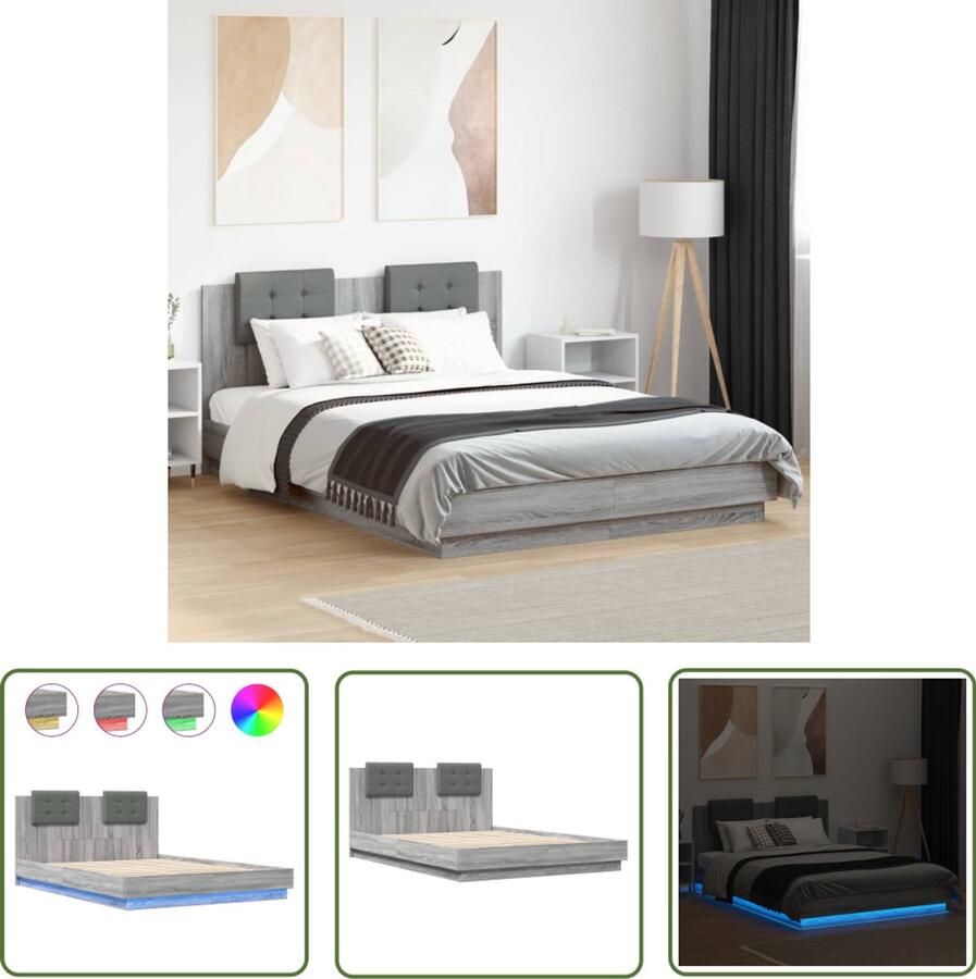 VidaXL Bed Frame Slaapkamers Bedframe met hoofdbord en LED grijs sonoma eiken 140x200 cm Houten Bed Led Bed Grijze Bed