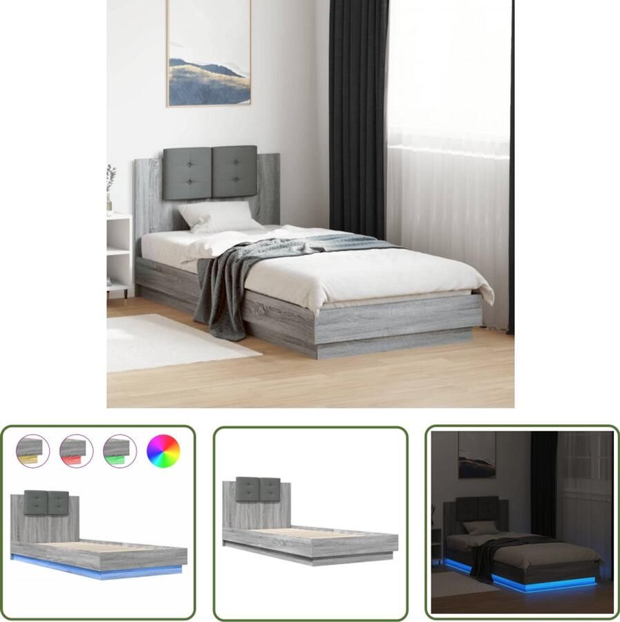 VidaXL Bedframe met hoofdbord en LED grijs sonoma eikenkleur 90x200 cm Slaapkamers Bed Frame Houten Bed Led Lamp Modern Bed