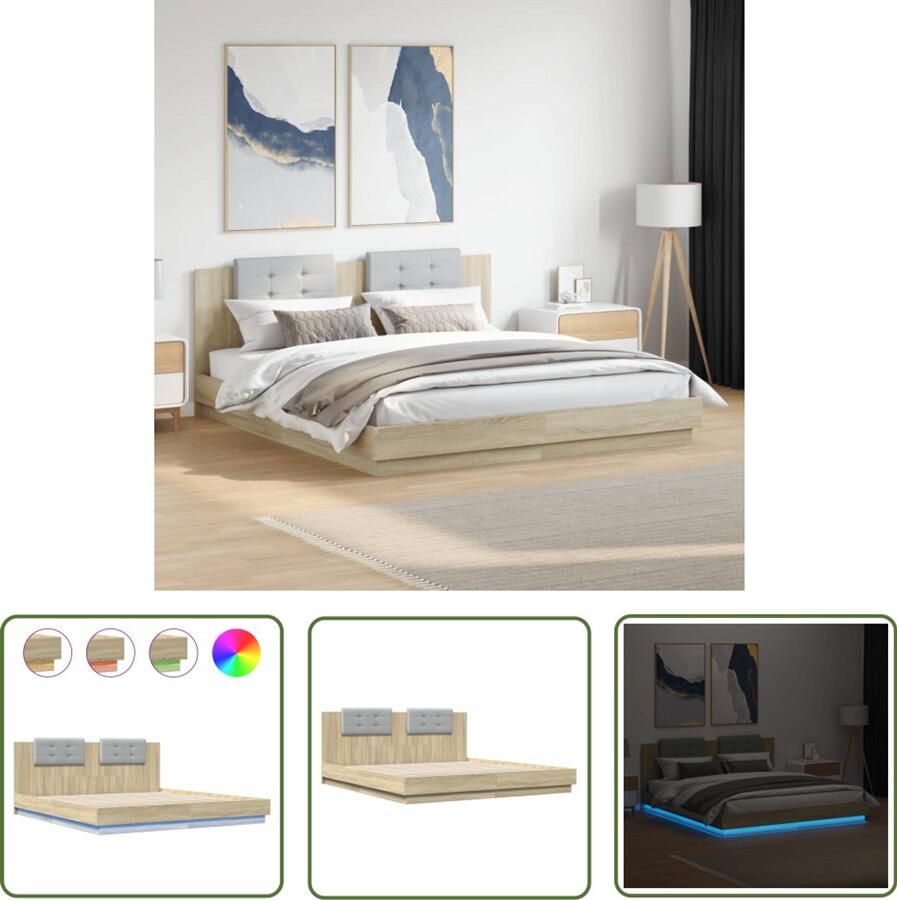 VidaXL Bed Frame Slaapkamers Bedframe met hoofdbord en LED sonoma eikenkleurig 200x200 cm Houten Bed Led Verlichting Sonoma Eiken