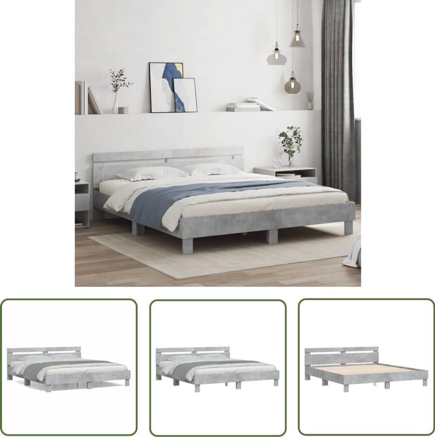 VidaXL Bed Frame Slaapkamers Bedframe met hoofdeinde bewerkt hout betongrijs 200x200 cm Houten Bed Beton Grijs Betonnen Look