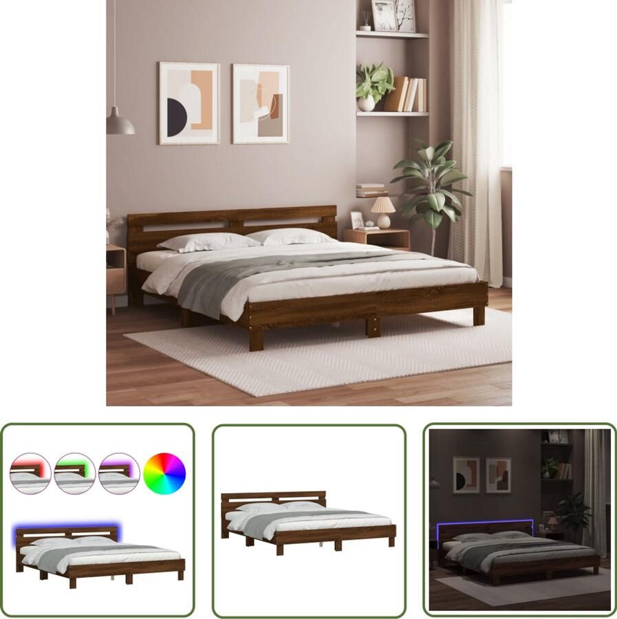 VidaXL Bed Frame Slaapkamers Bedframe met hoofdeinde en LED bruin eikenkleur 160x200 cm Houten Bed Led Bed Tweepersoonsbed