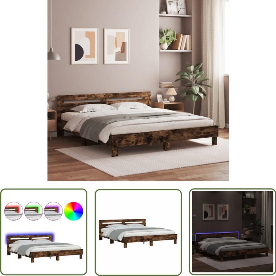 VidaXL Bed Frame Slaapkamers Bedframe met hoofdeinde en LED gerookt eikenkleurig 180x200 cm Houten Bed Led Bed Bruine Bed