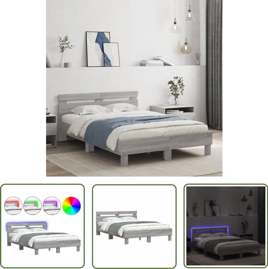 VidaXL Bedframe met hoofdeinde en LED grijs sonoma eiken 120x200 cm Slaapkamers Bed Frame Houten Bed Modern Bed Led Bed