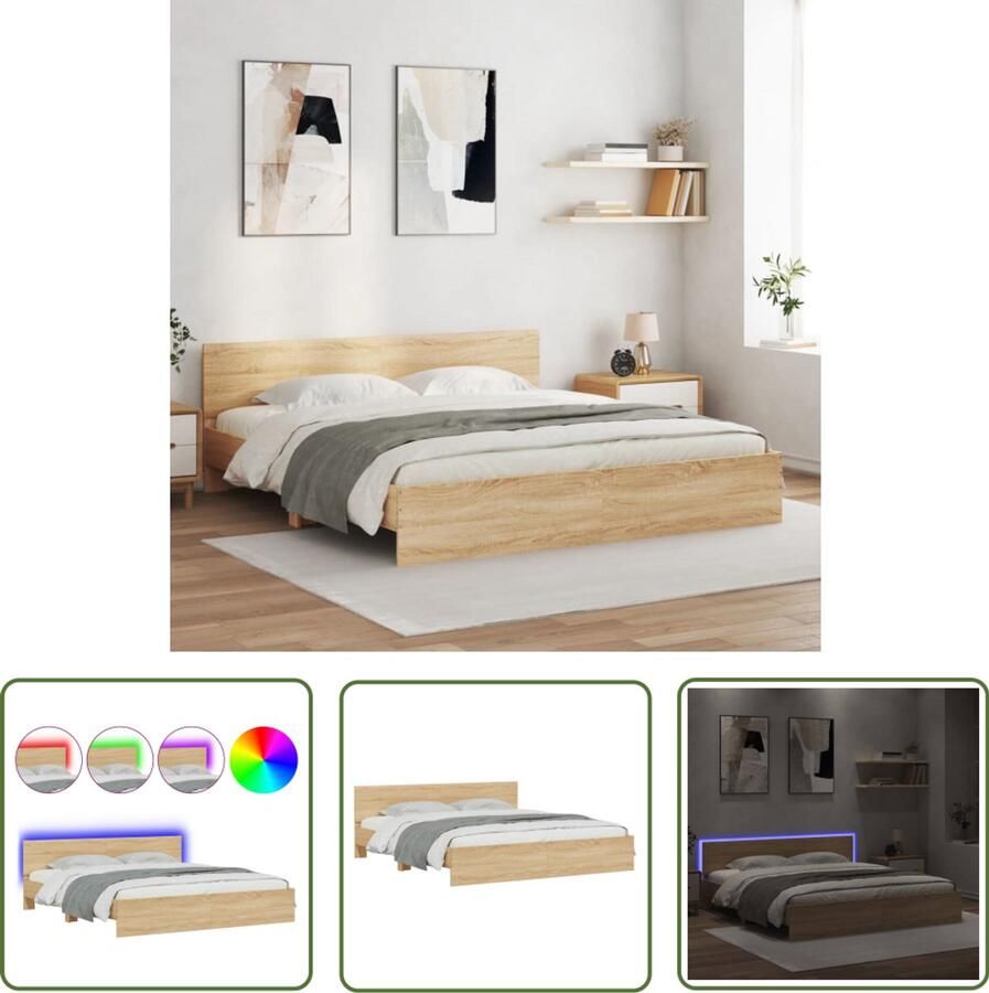 VidaXL Bed Frame Slaapkamers Bedframe met hoofdeinde en LED sonoma eikenkleurig 200x200 cm Houten Bed Led Lamp Sonoma Eiken