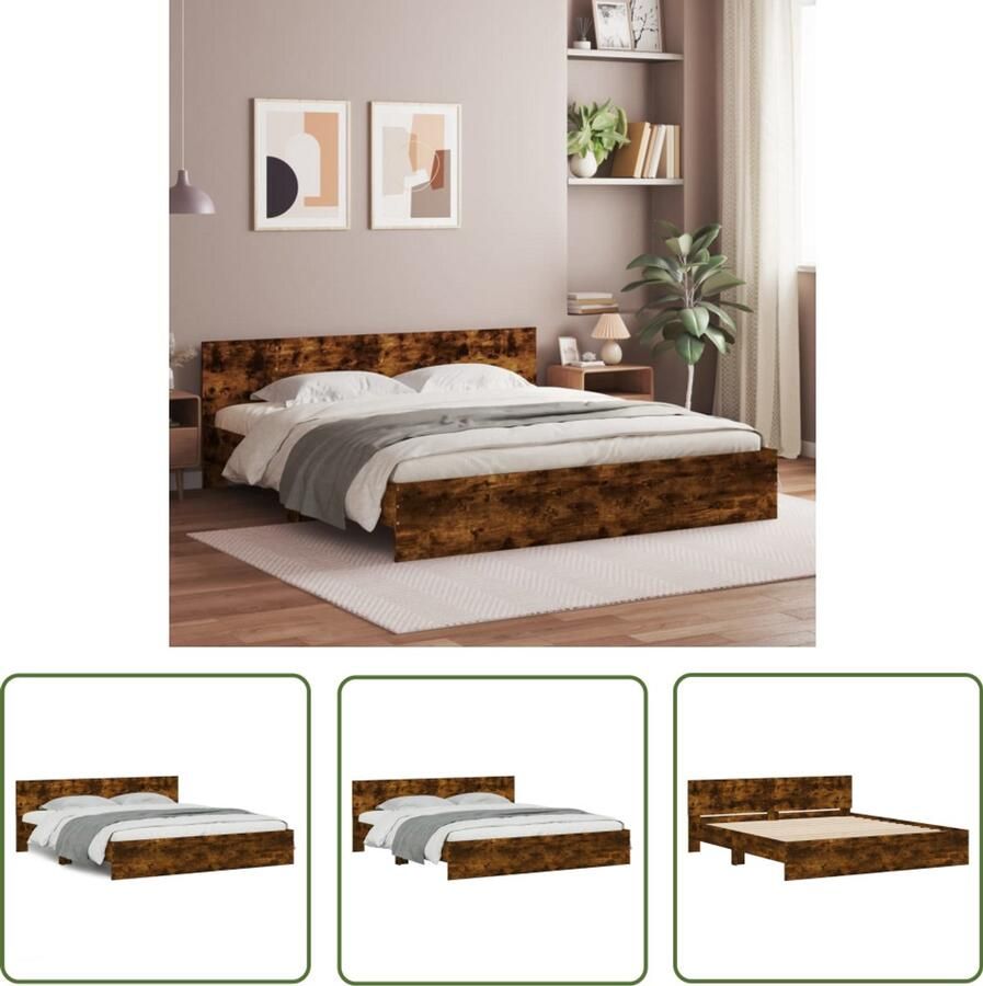 VidaXL Bedframe met hoofdeinde gerookt eikenkleurig 200x200 cm Slaapkamers Bed Frame Houten Bed Bruine Bed King Size Bed