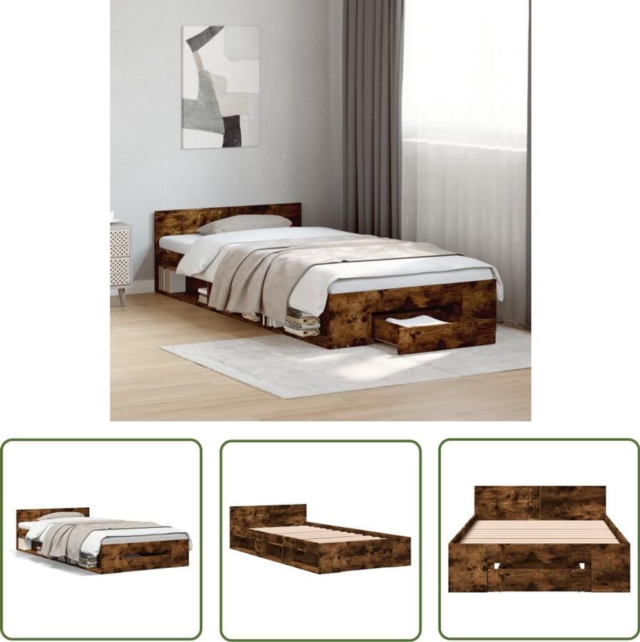 VidaXL Bedframe met lade bewerkt hout gerookt eikenkleurig 90x190 cm Slaapkamers Bed Frame Houten Bed Bruine Bed Boxspring