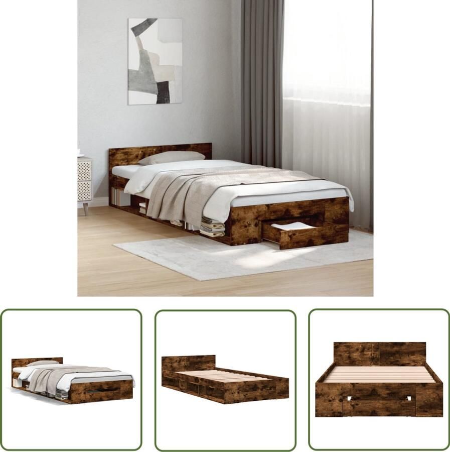 VidaXL Bedframe met lade bewerkt hout gerookt eikenkleurig 90x200 cm Slaapkamers Bed Frame Houten Bed Bruine Bed Tweepersoonsbed