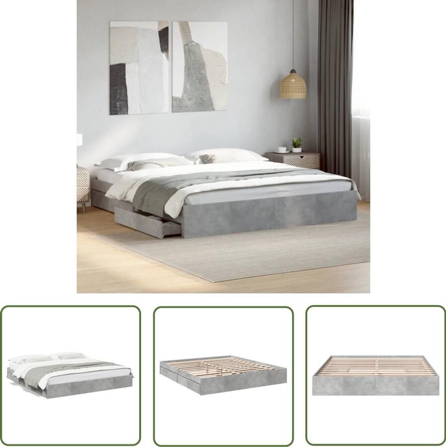 VidaXL Bedframe met lades bewerkt hout betongrijs 180x200 cm Slaapkamers Bed Frame Houten Bed Grijs Bed Boxspring