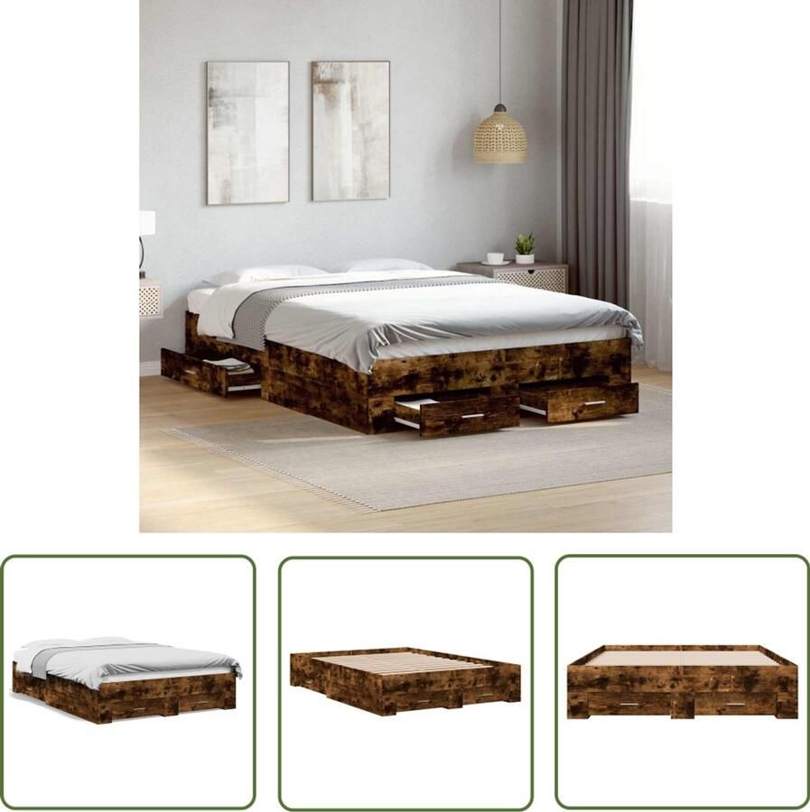 VidaXL Bedframe met lades bewerkt hout gerookt eikenkleurig 135x190 cm Slaapkamers Bed Frame Houten Bed Bruine Bed Boxspring