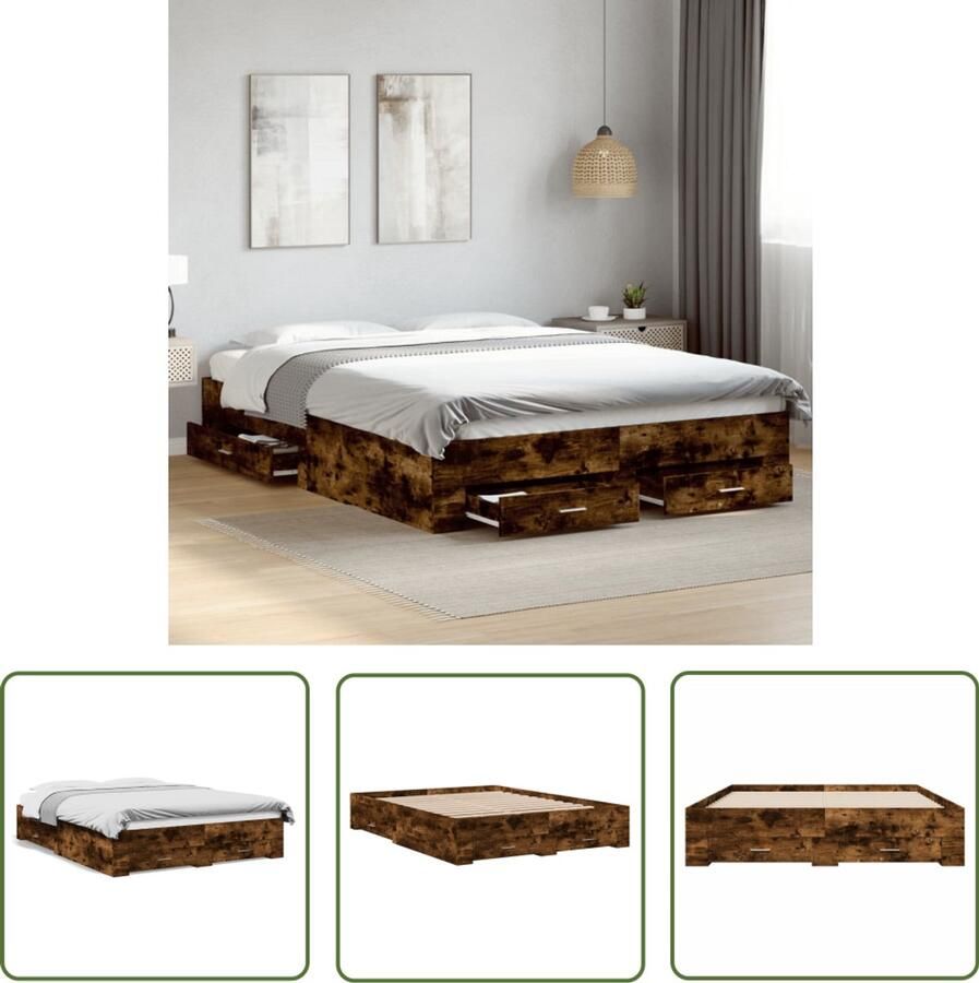 VidaXL Bed Frame Slaapkamers Bedframe met lades bewerkt hout gerookt eikenkleurig 140x200 cm Houten Bed Bruine Bed Boxspring