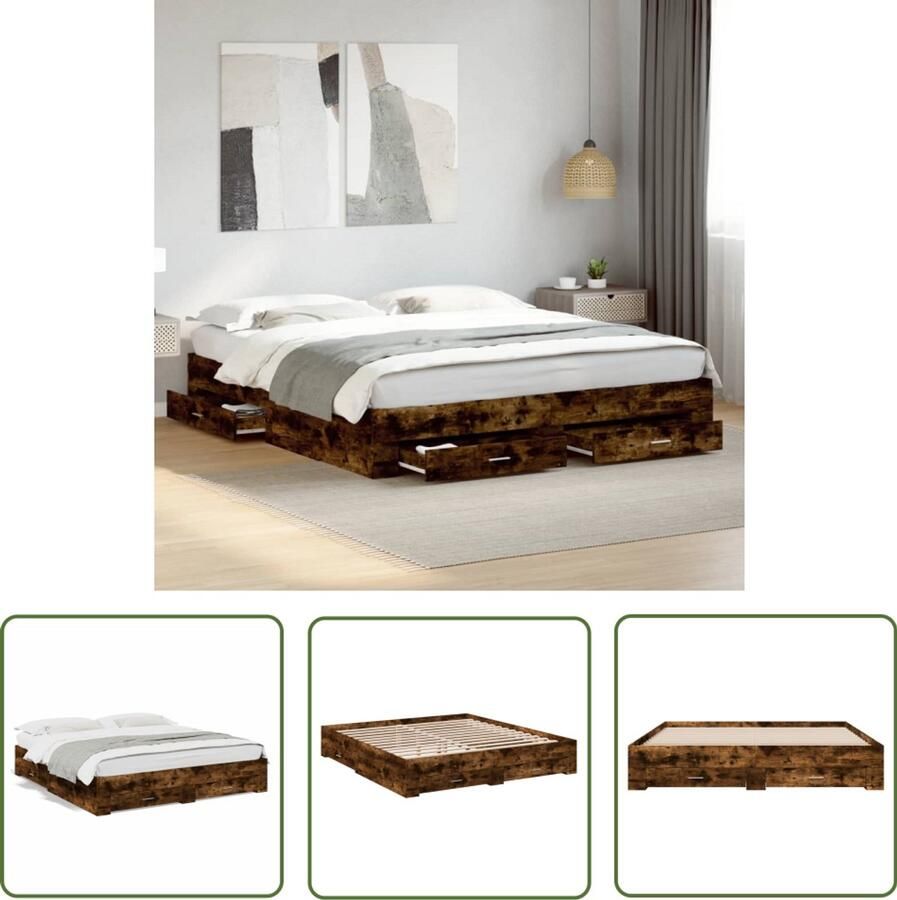 VidaXL Bed Frame Slaapkamers Bedframe met lades bewerkt hout gerookt eikenkleurig 180x200 cm Houten Bed Bruine Bed Boxspring
