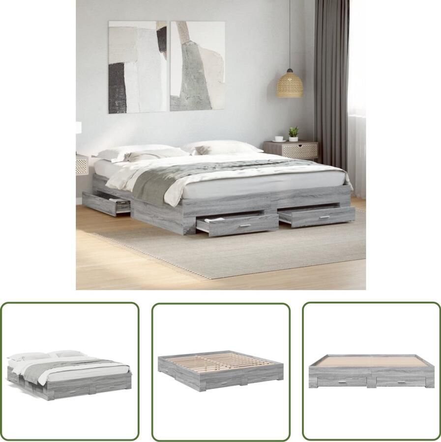 VidaXL Bedframe met lades bewerkt hout grijs sonoma eiken 200x200 cm Slaapkamers Bed Frame Houten Bed Boxspring Bedkasten