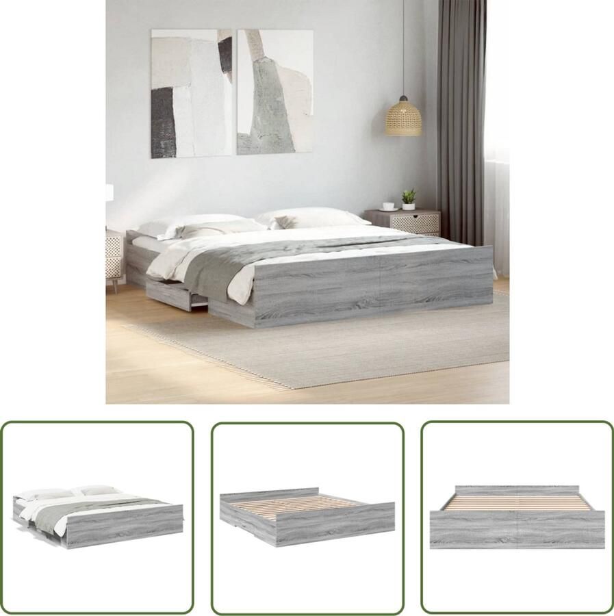 VidaXL Bed Frame Slaapkamers Bedframe met lades bewerkt hout grijs sonoma eiken 200x200 cm Houten Bed Boxspring Tweepersoonsbed