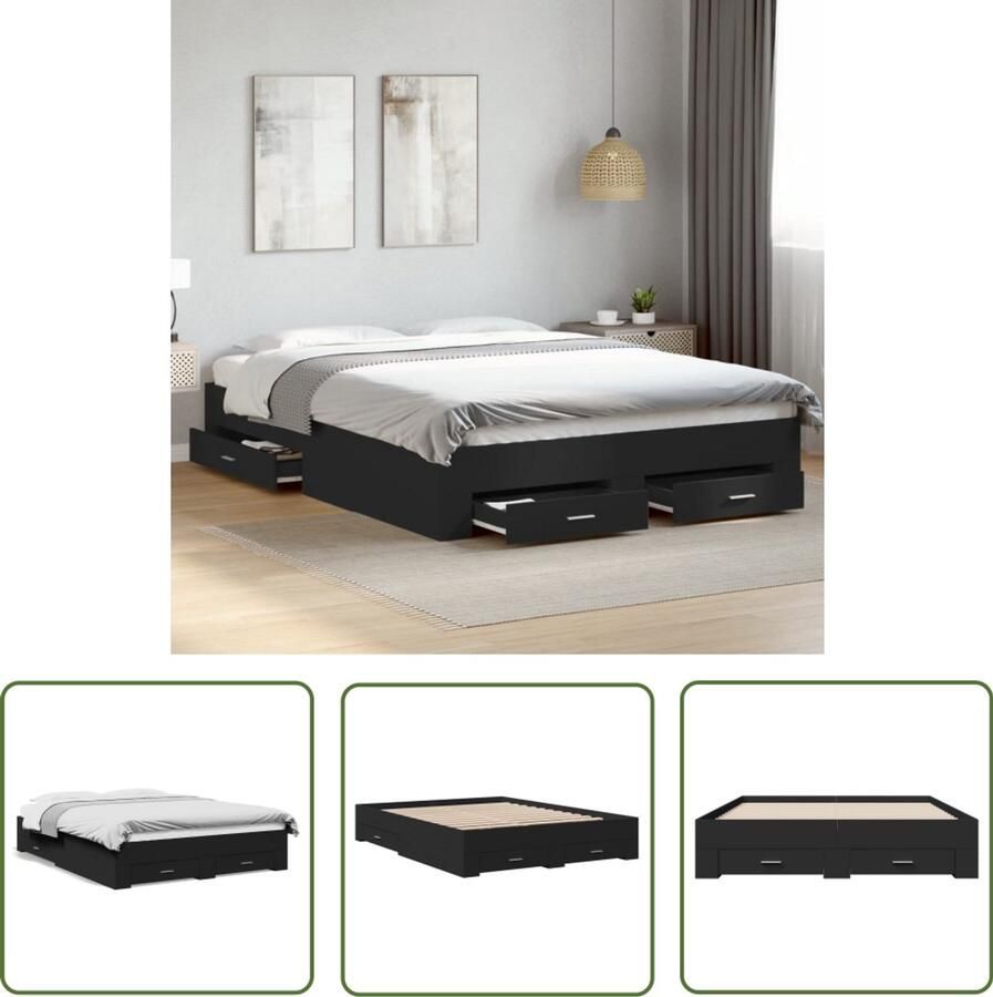 VidaXL Bed Frame Slaapkamers Bedframe met lades bewerkt hout zwart 140x200 cm Houten Bed Zwarte Bed Tweepersoonsbed