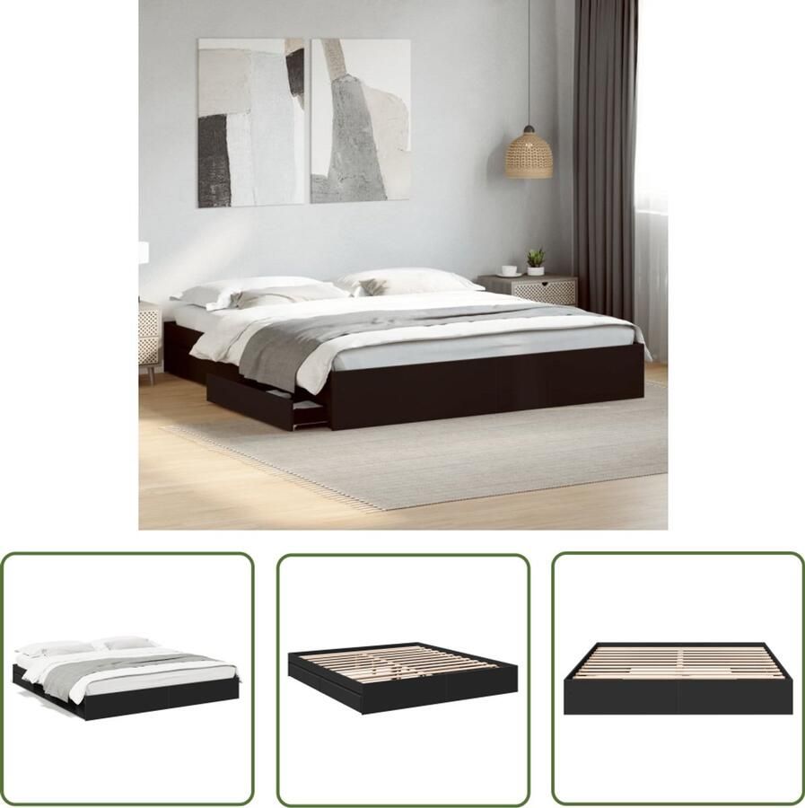 VidaXL Bed Frame Slaapkamers Bedframe met lades bewerkt hout zwart 200x200 cm Houten Bed Boxspring Tweepersoonsbed
