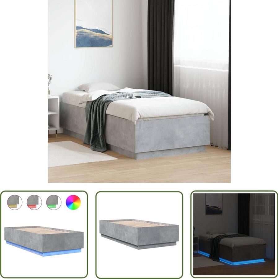 VidaXL Bedframe met LED-verlichting bewerkt hout betongrijs 90x190 cm Slaapkamers Bed Frame Led Verlichting Houten Bed Betonnen Grijs