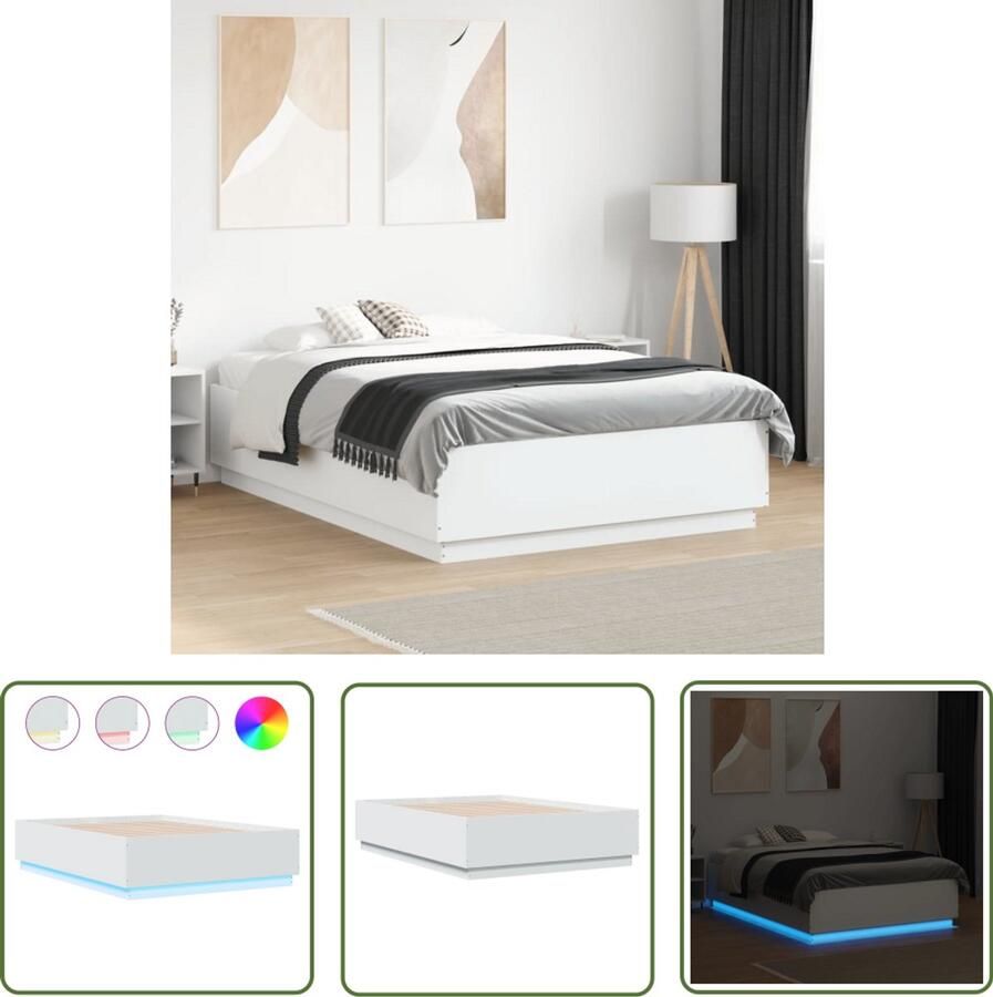 VidaXL Bed Frame Slaapkamers Bedframe met LED-verlichting bewerkt hout wit 135x190 cm Led Verlichting Houten Bed Modern Design