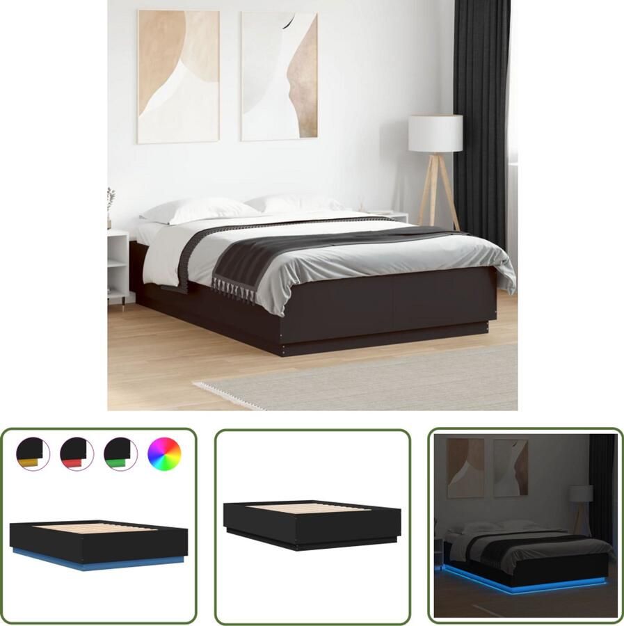 VidaXL Bedframe met LED-verlichting bewerkt hout zwart 160x200 cm Slaapkamers Bed Frame Led Verlichting Houten Bed Dubbel Bed