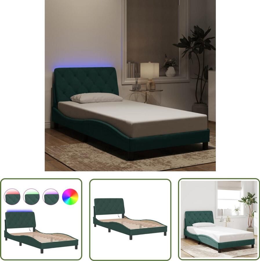 VidaXL Bed Frame Slaapkamers Bedframe met LED zonder matras fluweel donkergroen 100x200 cm Led Verlichting Fluweel Groen